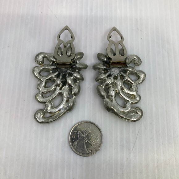 Vtg 1940s CORO pewter green flowers rhinestone fur dress clip brooch - Picture 4 of 4